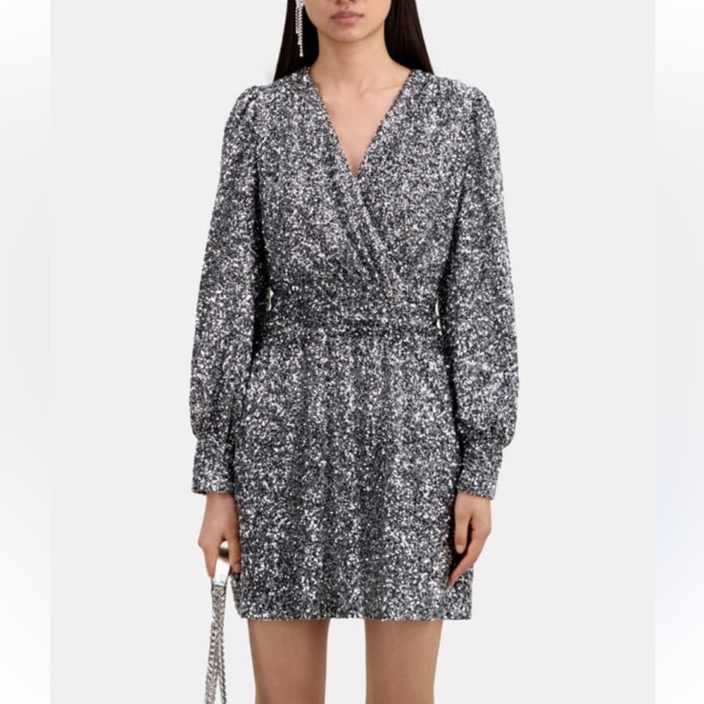 Kooples Sequin Puff Sleeve Dress Small New With Tags holiday Party Silver